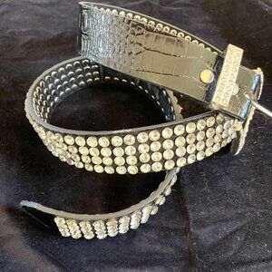 Size M - Women's Black Patent Leather Glass Rhinestone Encrusted Belt.